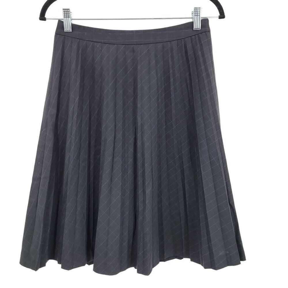 Ann‎ Taylor Loft Pleated Midi Skirt 0 Black Blue Plaid Wool Knee Full Academia